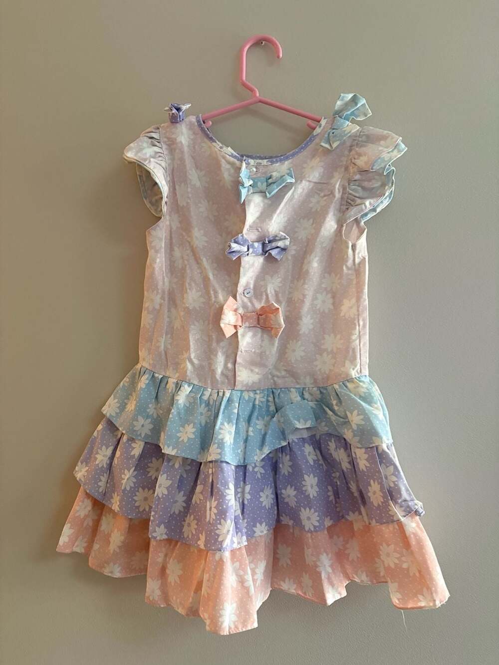 Vintage Color Kids Pastel Tiered Floral Daisy Ruffle Dress with Back Bows